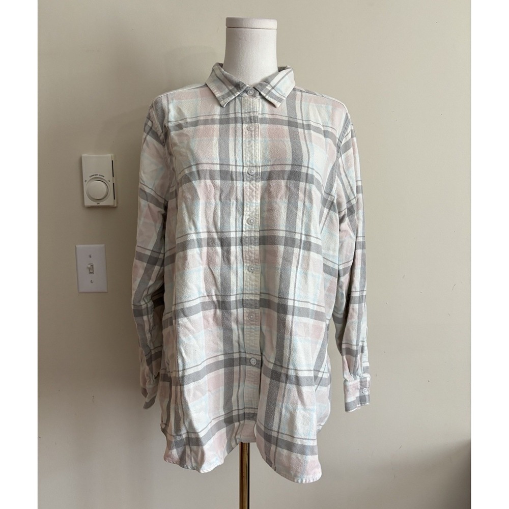 Lands End Flannel Shirt Womens XL 18W Cotton Outdoor Cream Blue Classic Casual - Picture 1 of 8